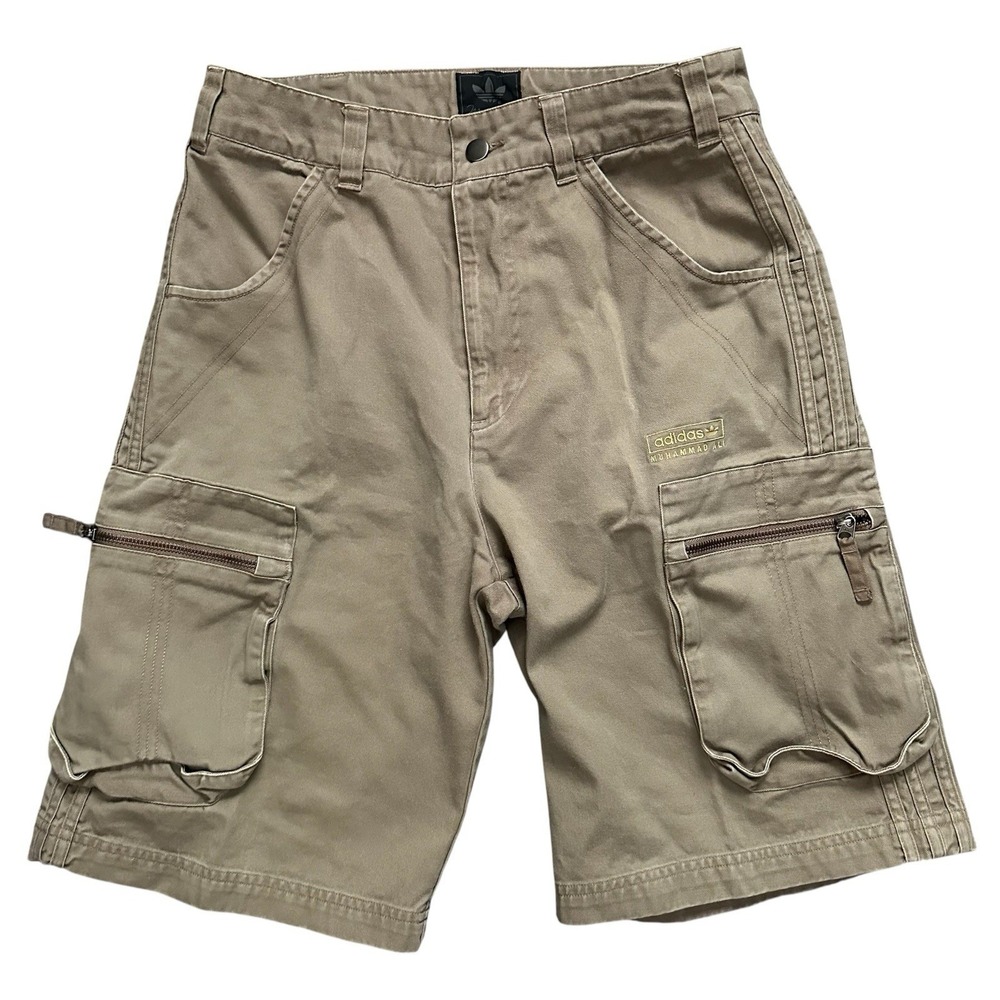Adidas x Muhammad Ali Cargo‎ Shorts Zipper Pockets Baggy Fit Khaki Beige Size 32